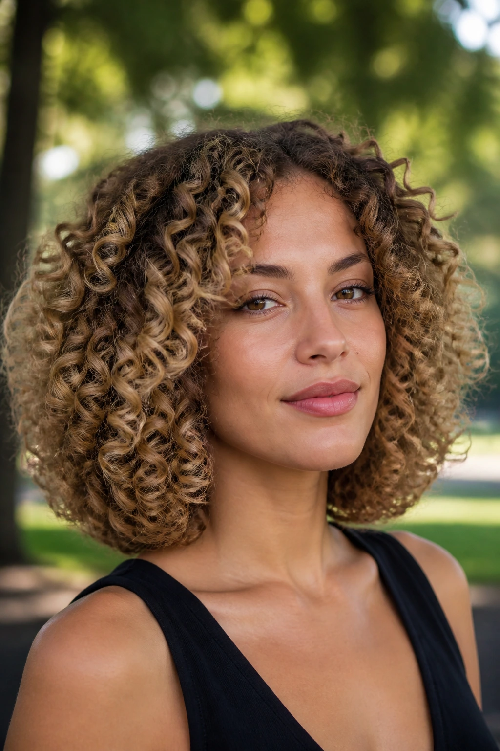 Close-up of a real woman with dense curls and rounded-edge lob in park light.