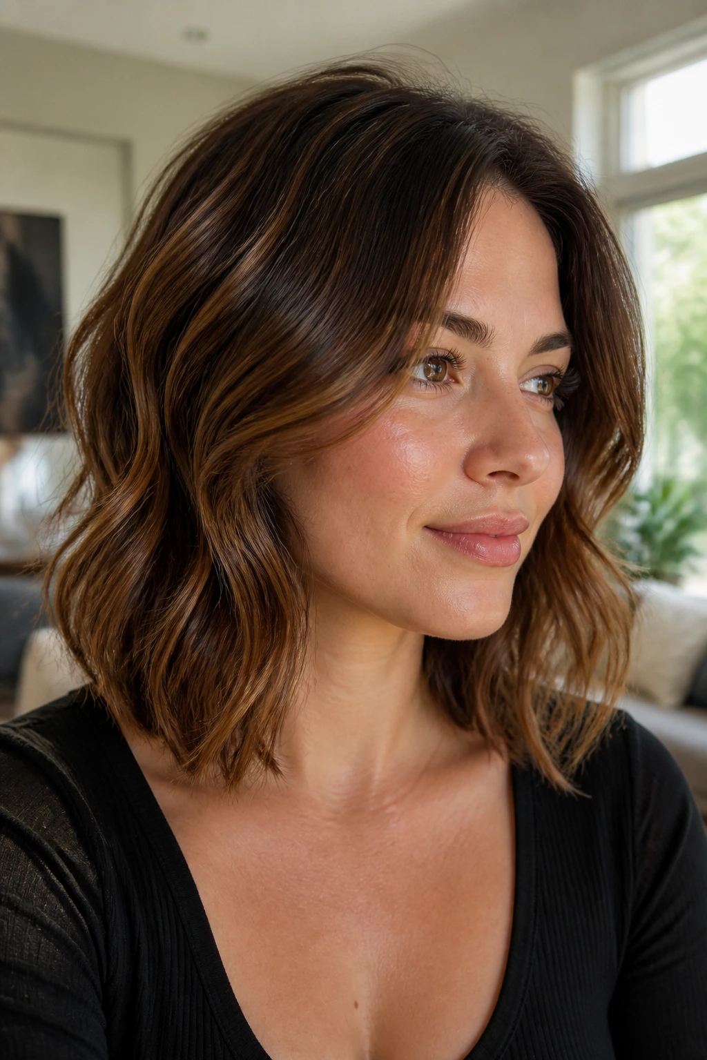 Close-up of a real woman with rounded-edge lob and internal layers