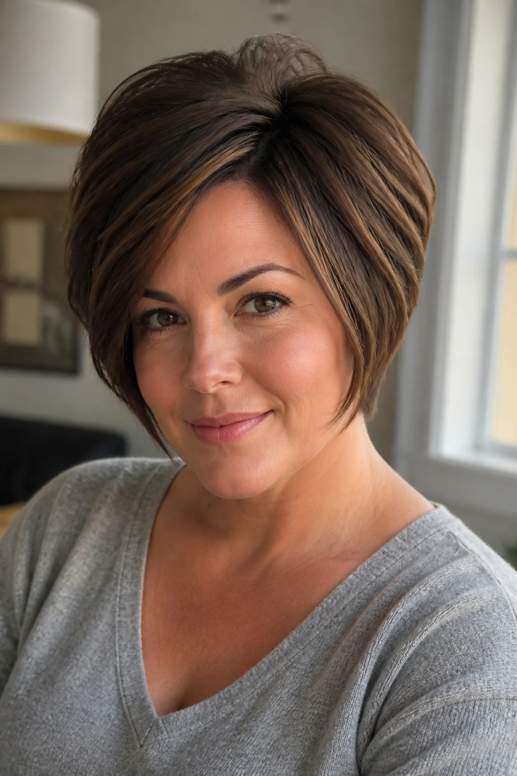 Portrait of a woman with a rounded-edge pixie bob.