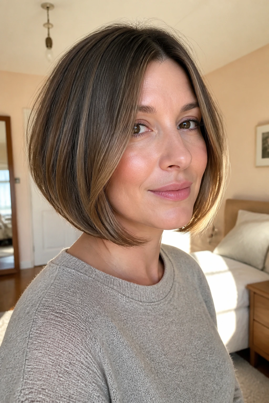 Portrait of a woman with rounded-end A-line bob and soft curve under.