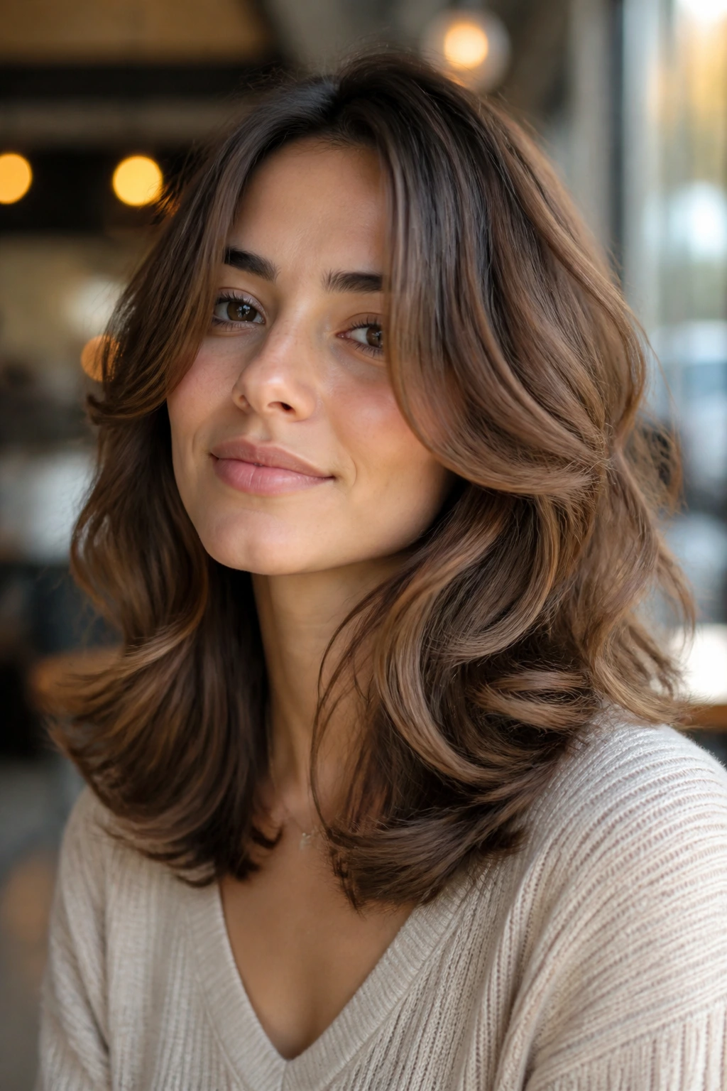 Real woman with bouncy mid-length waves and rounded ends in warm cafe light