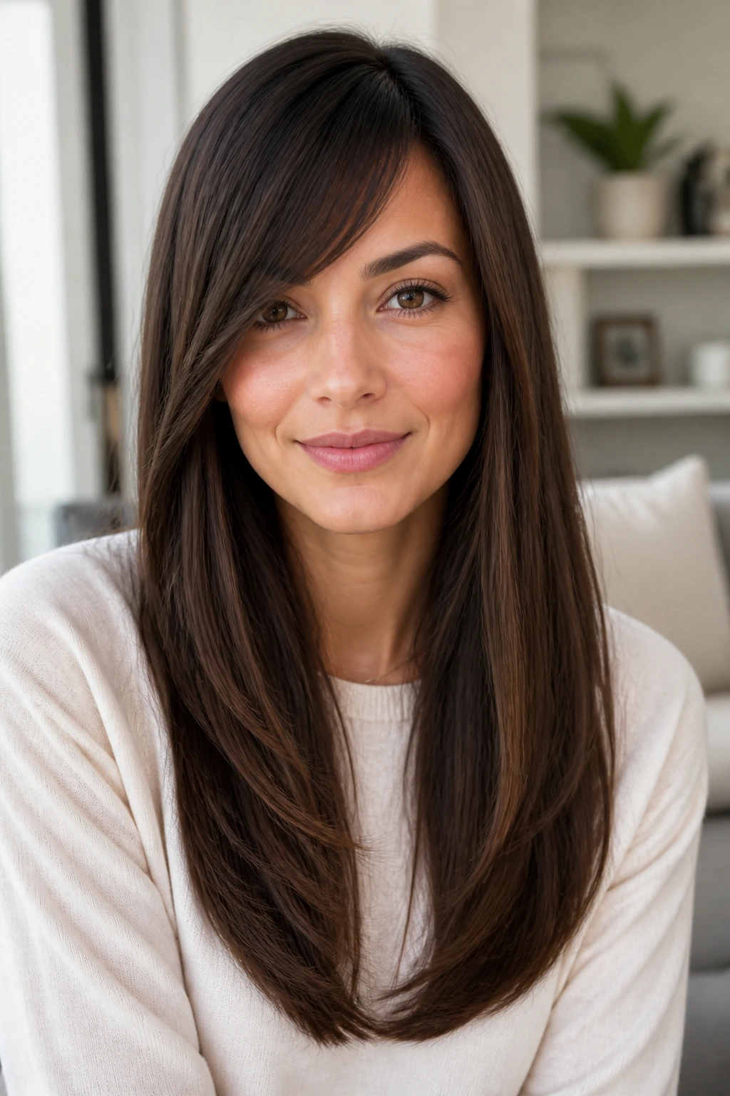 Close-up portrait of a real woman with rounded ends and minimal side-sweep bangs