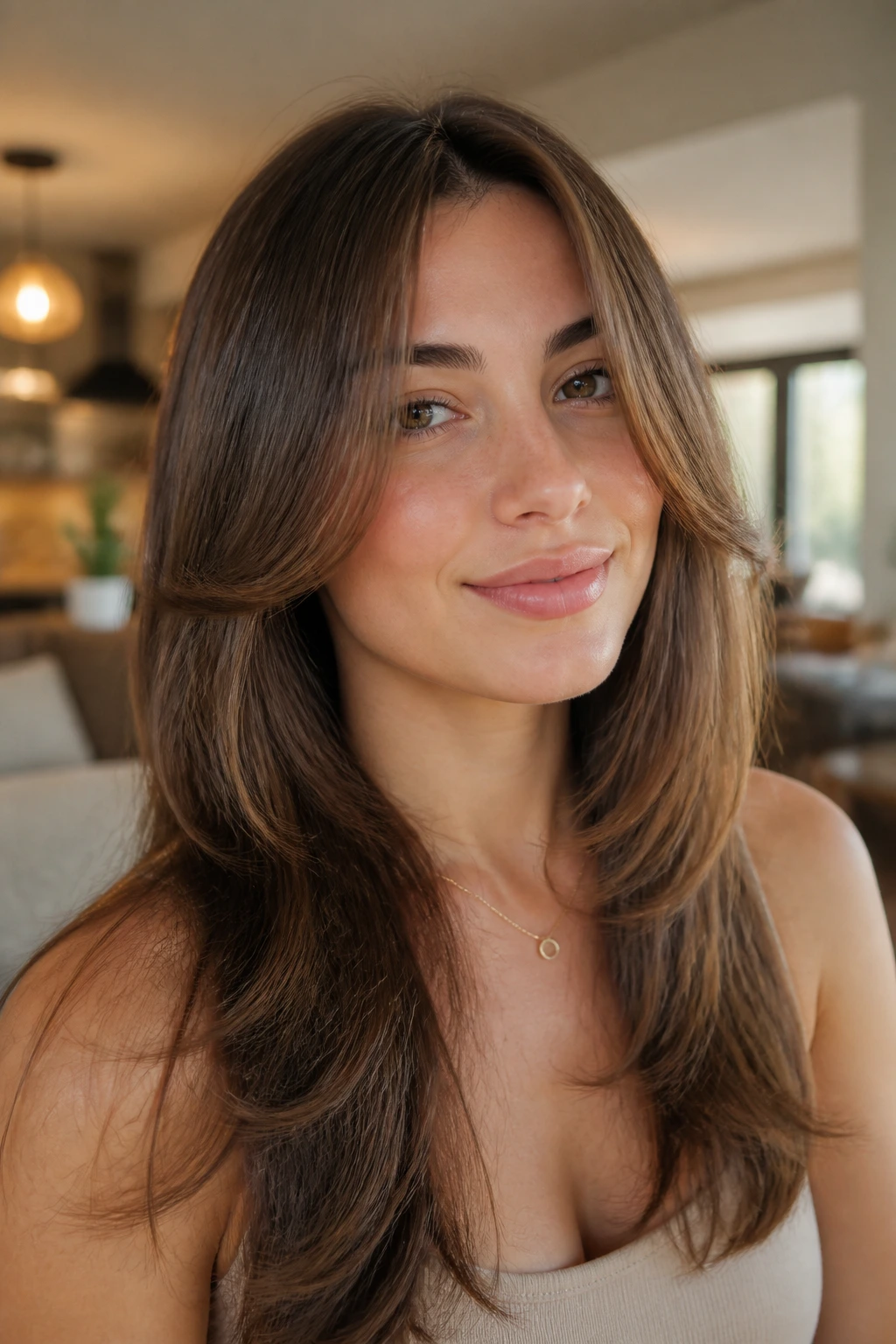 Close-up of rounded face-frame layers framing the cheek area