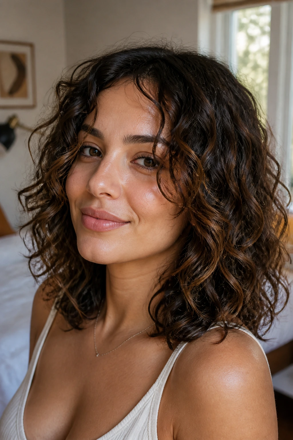 Close-up of woman with rounded face-frame layers hairstyle