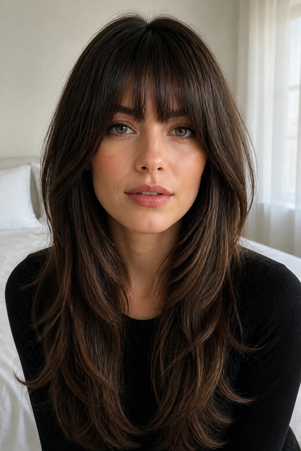 Close-up portrait of a real person with a full fringe and rounded face-framing layers
