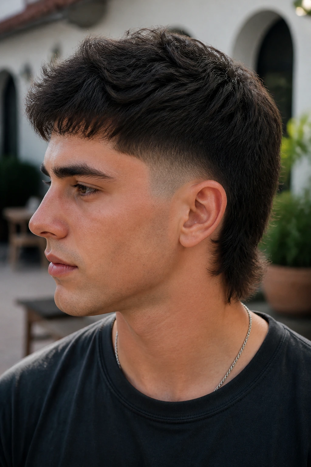 Portrait of a man with rounded fade mullet and heavy crown in outdoor light.