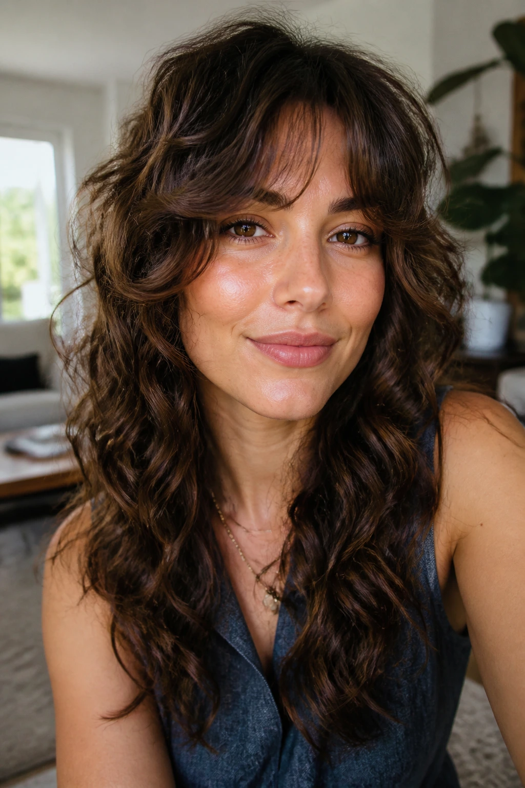 Close-up portrait of a real woman with a rounded frame shag curling softly around cheeks