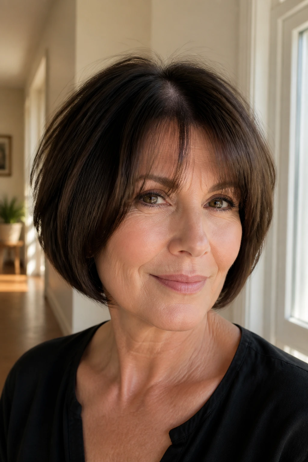 Real woman with rounded French bob and airy curtain bangs