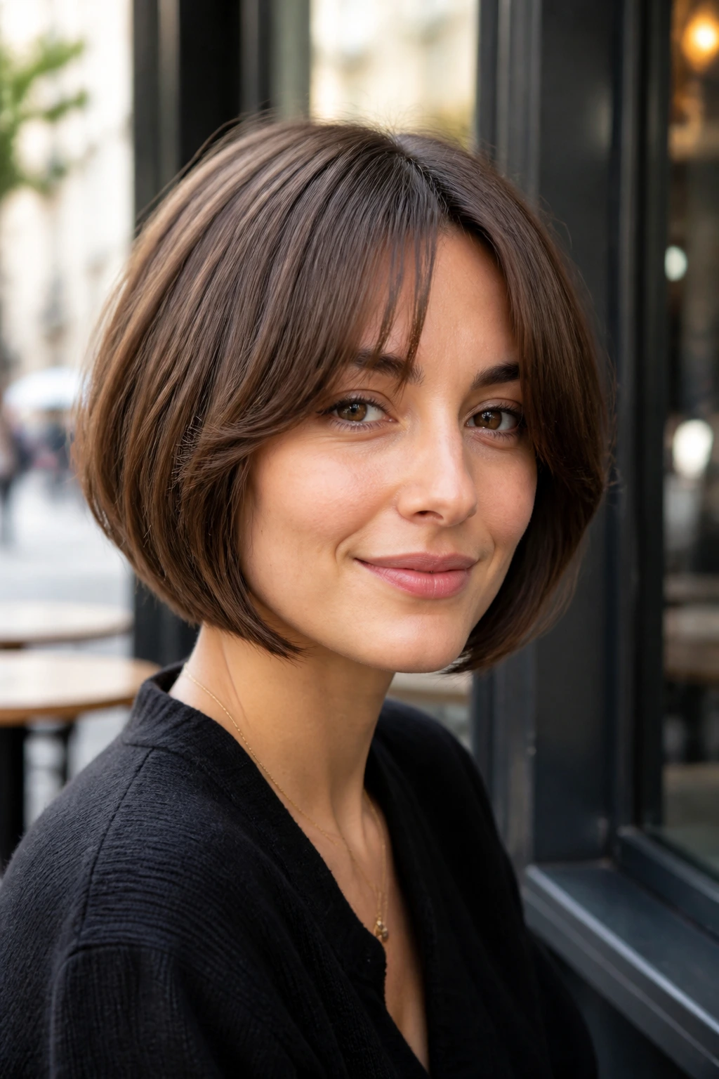 Portrait of a real woman with rounded French bob and center split bangs