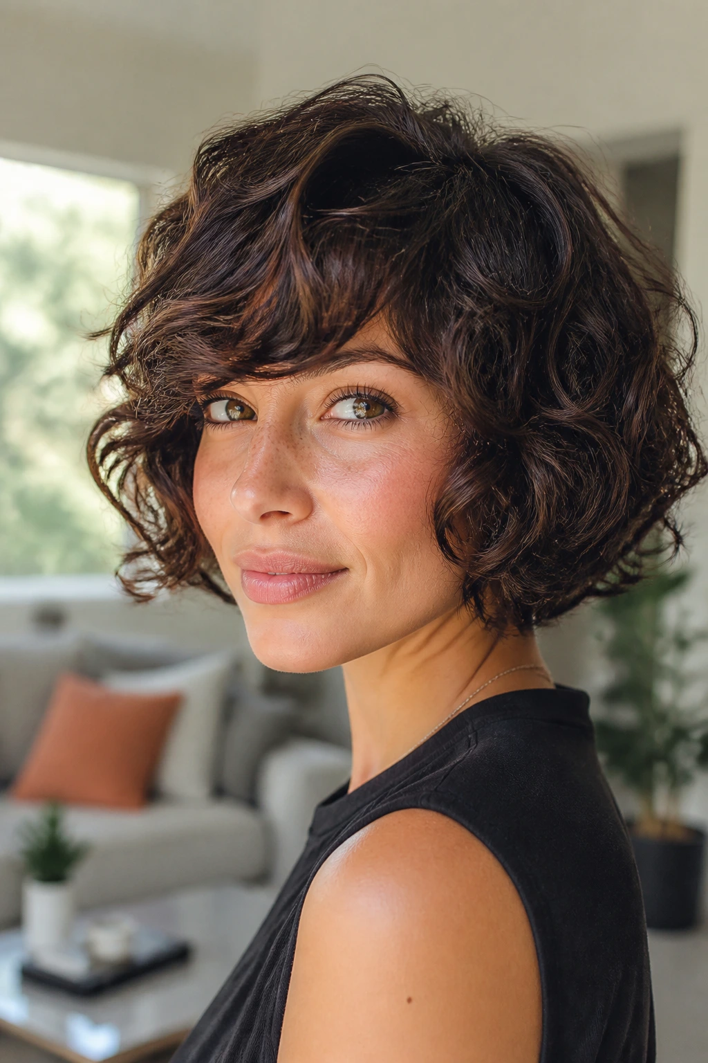 Portrait of a real person with rounded French bob and soft swoop bangs