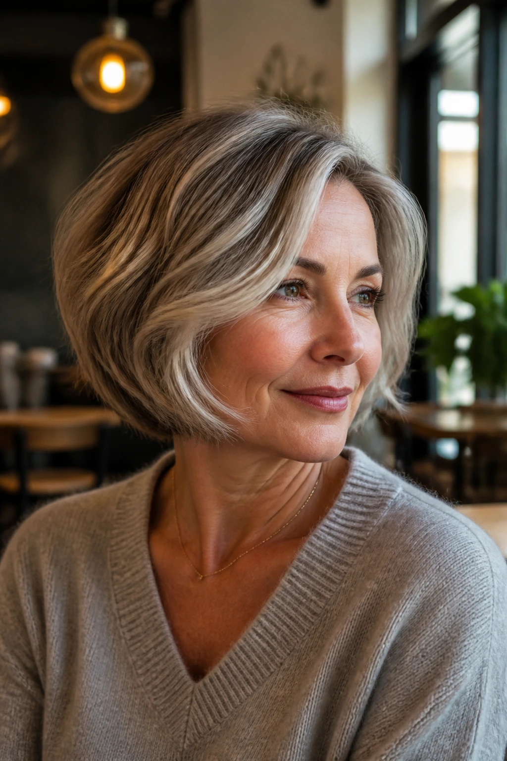 Real woman with jaw-length rounded French bob
