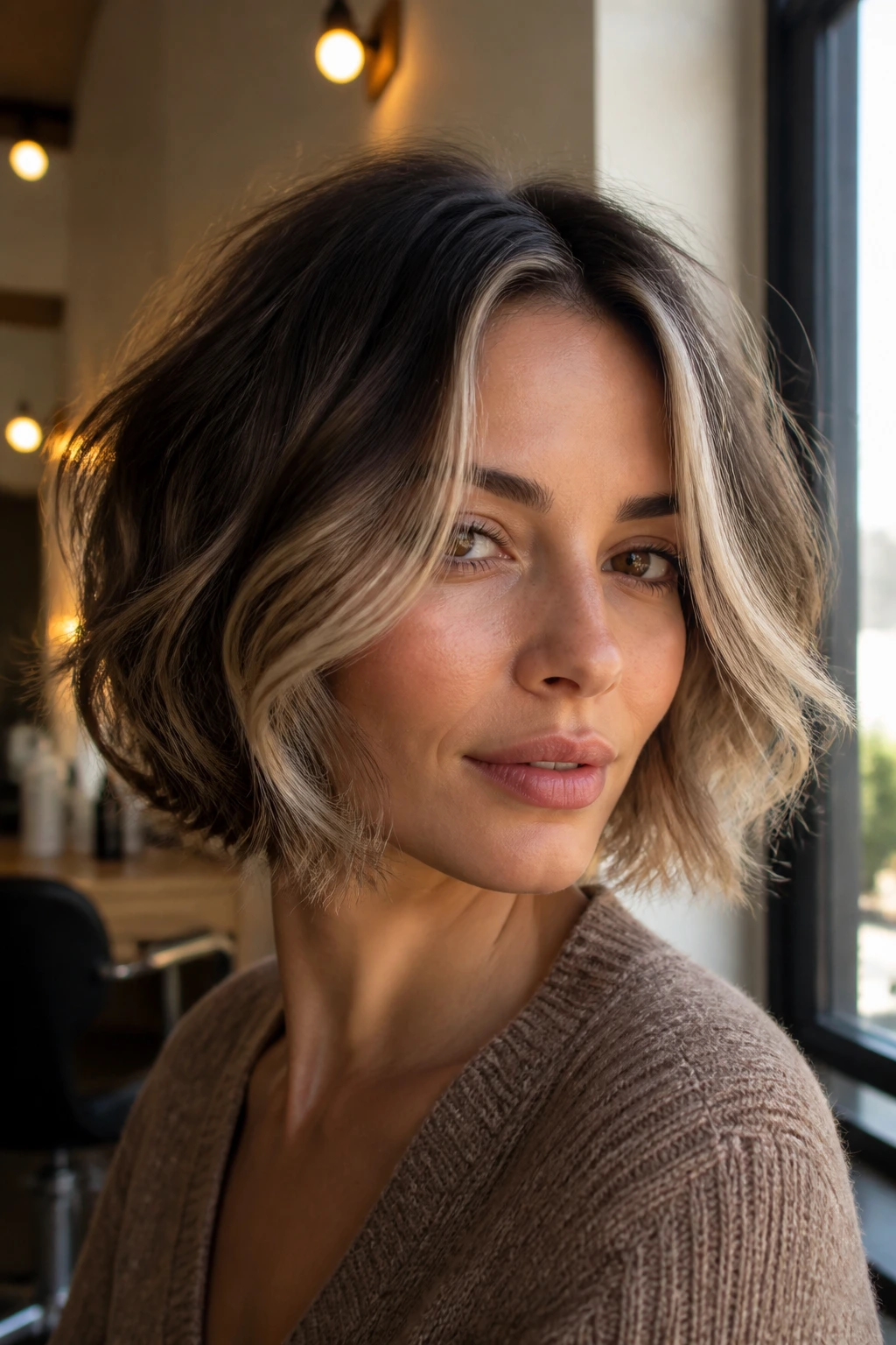 Close-up of a real woman with rounded French bob beige face frame