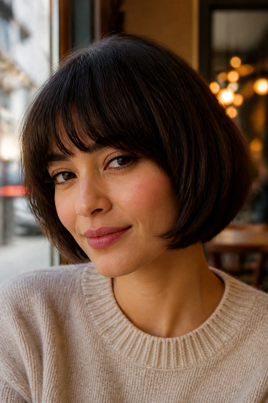Real person wearing rounded French bob with eye-grazing bangs