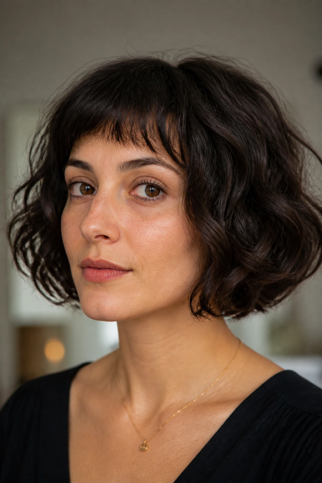 Close-up of a woman with rounded French bob and soft micro fringe