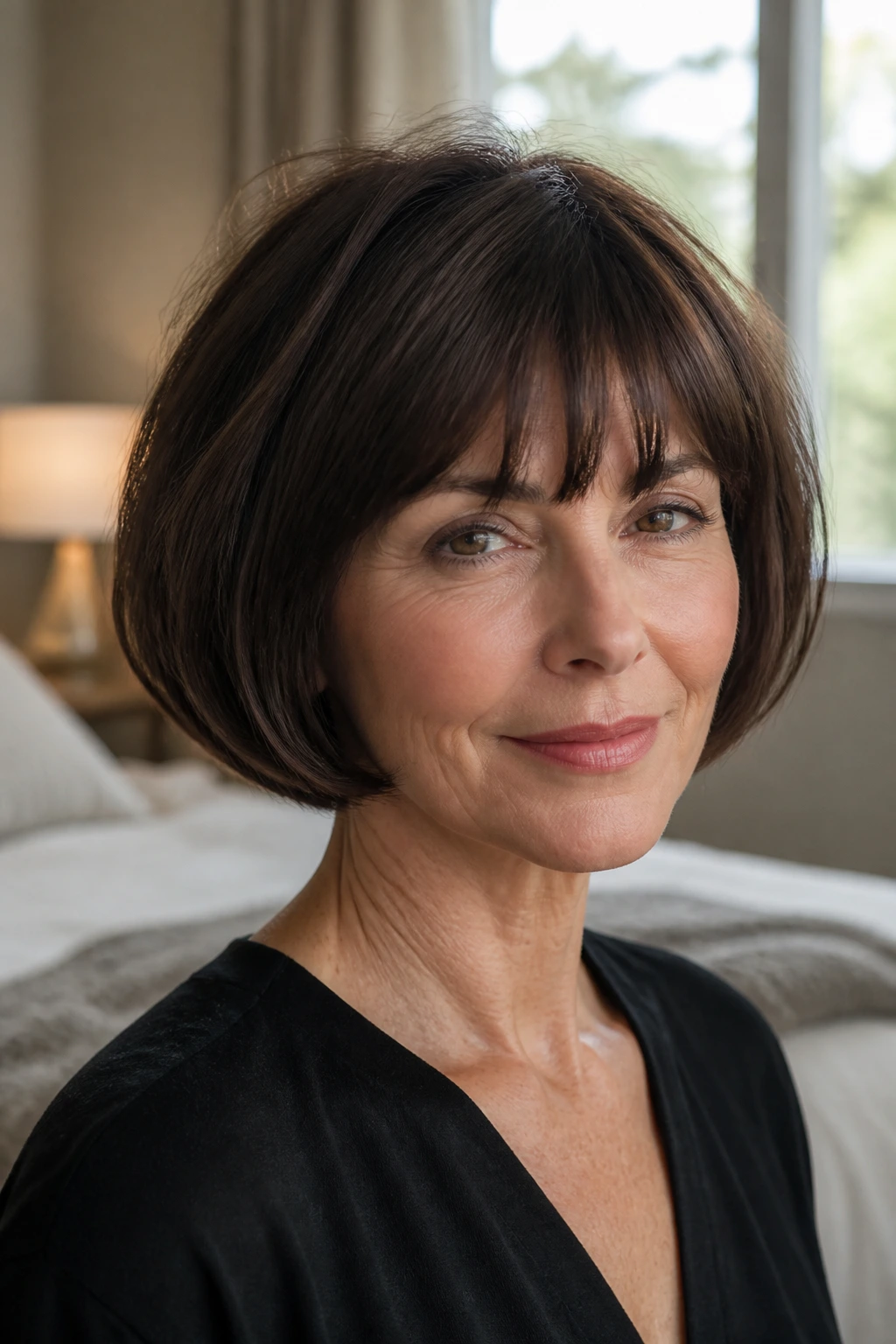 Close-up of a real woman with a rounded French bob at jaw length