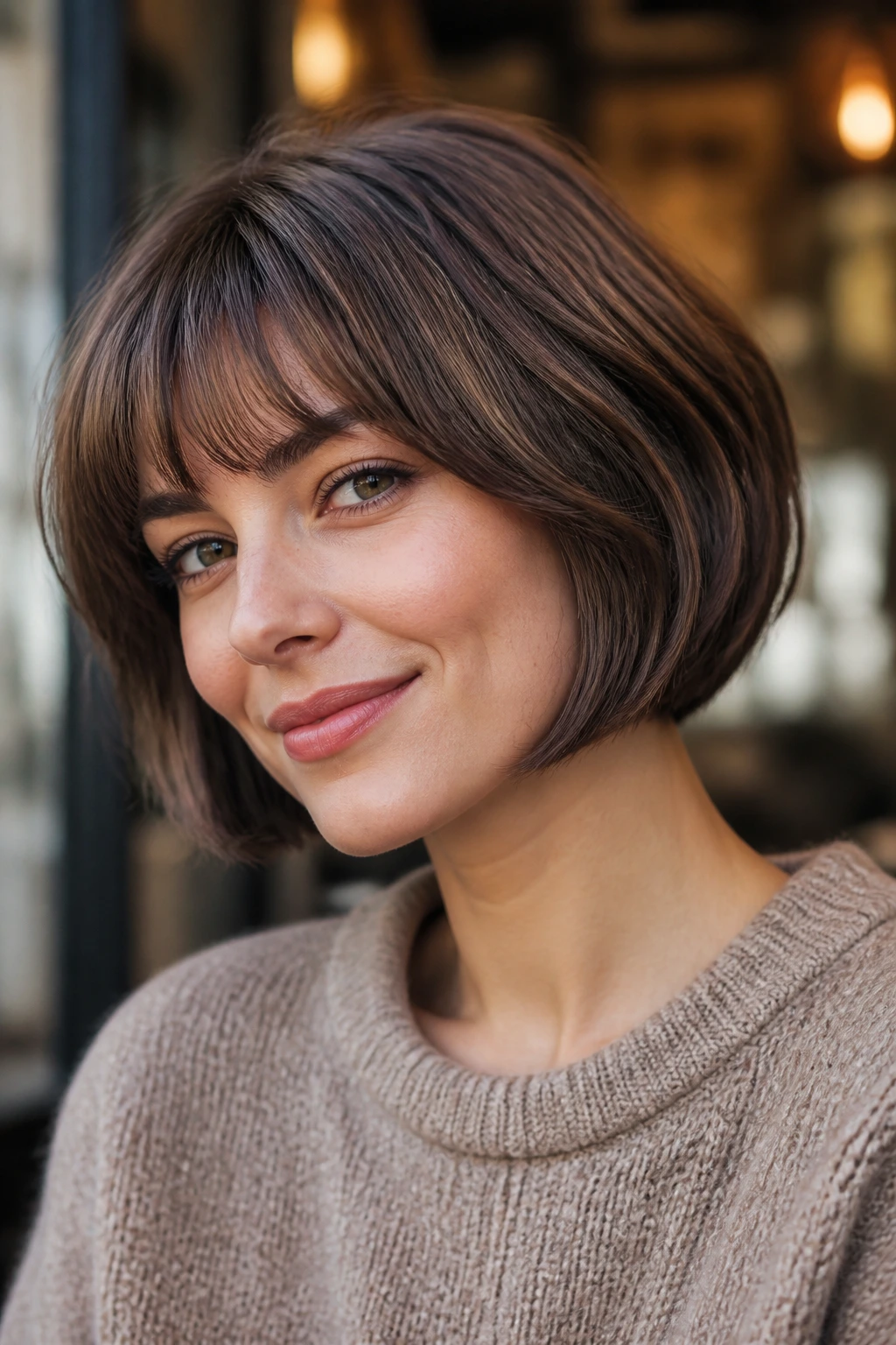 Close-up of a woman with a rounded French bob and walnut lowlights.