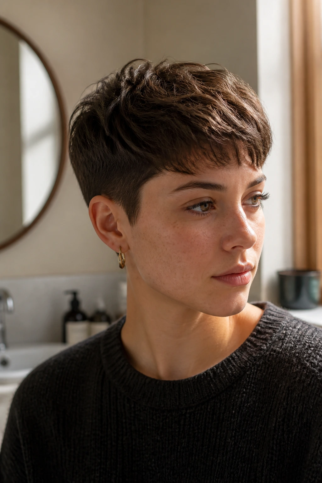 Real person with rounded French crop and soft lift under warm window light