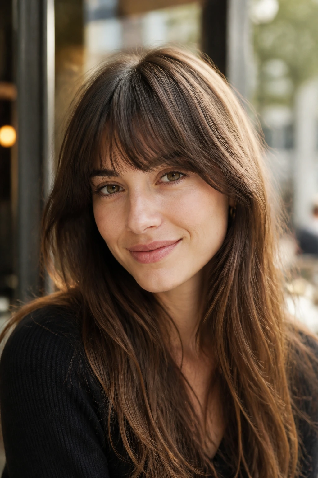 Close-up of a person with rounded French fringe on long hair in a cafe setting.