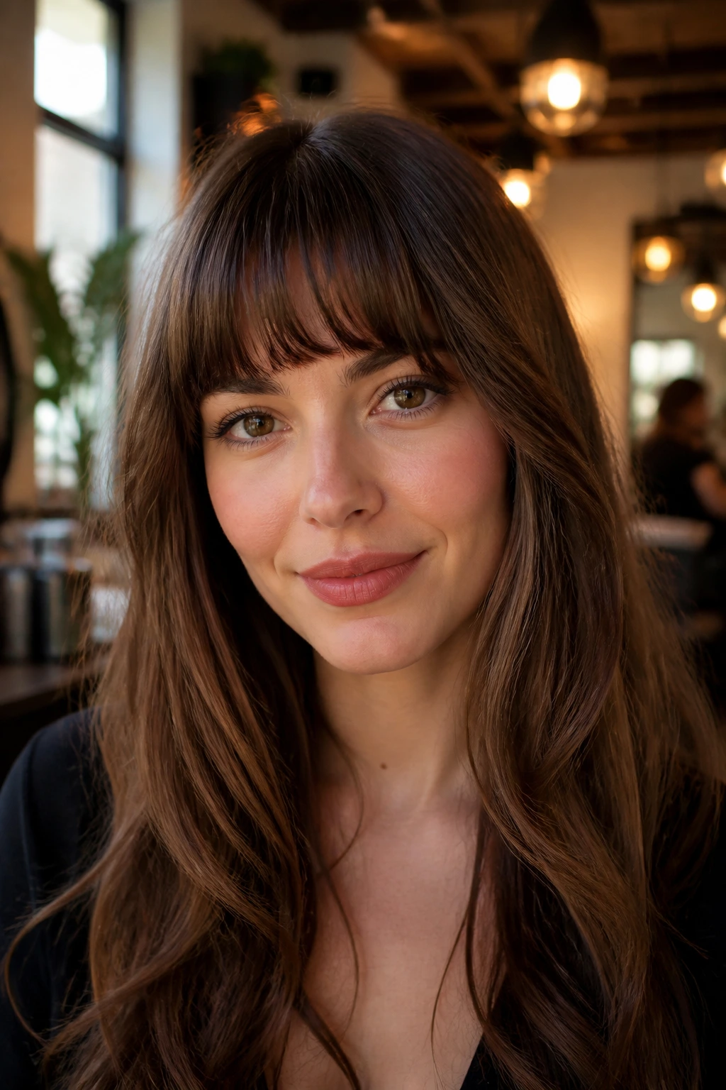Close-up portrait of a real woman with rounded French fringe above the brows