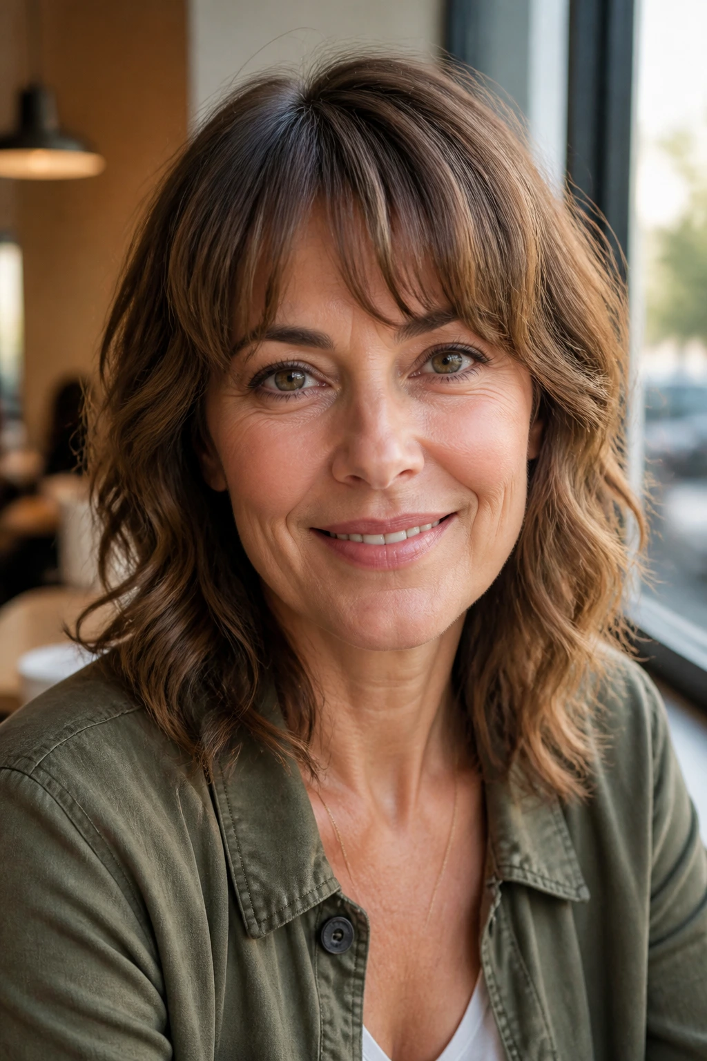 Close-up of a real woman with rounded French fringe at a cafe