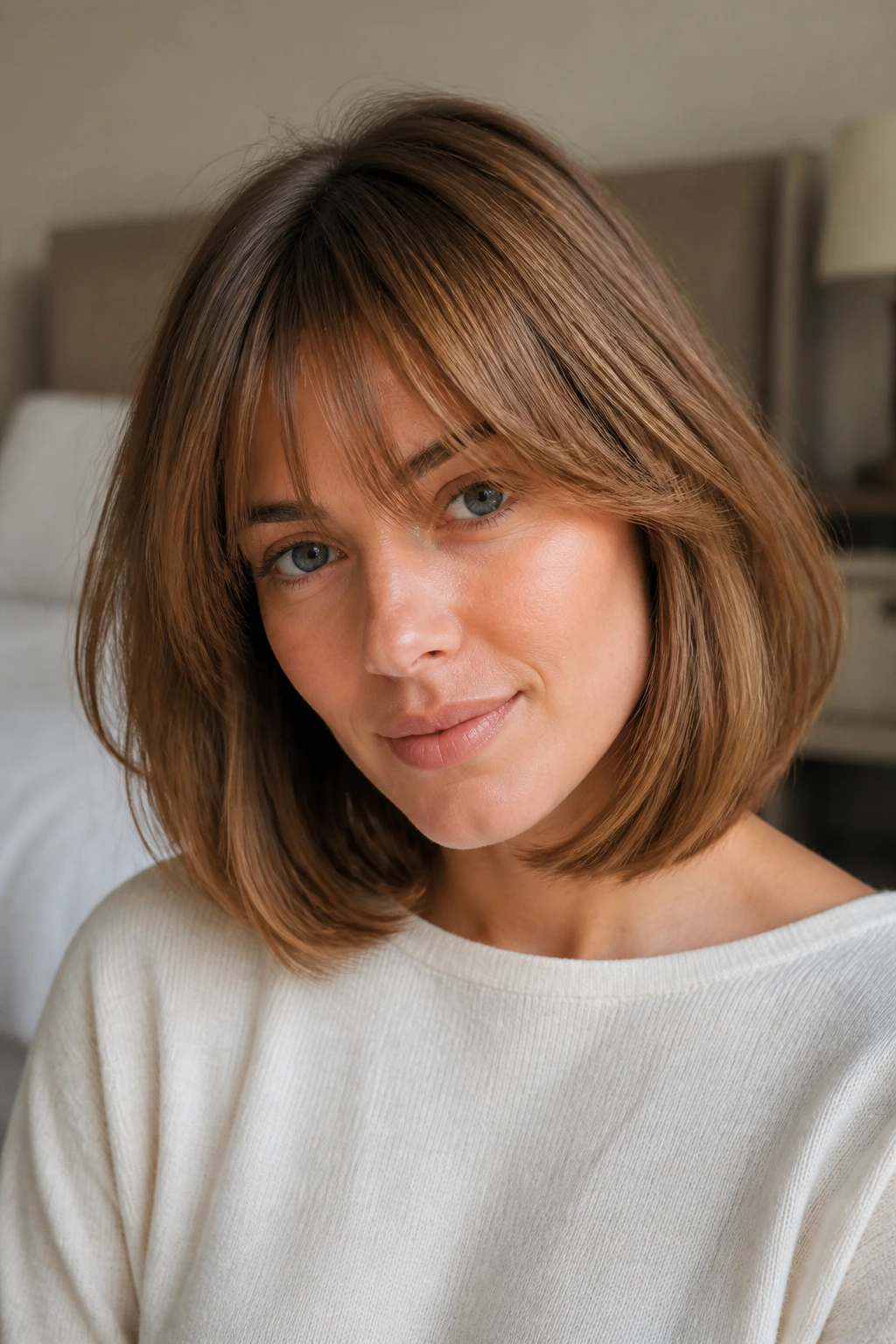 Close-up of a real woman with rounded French lob and feathered fringe in natural window light