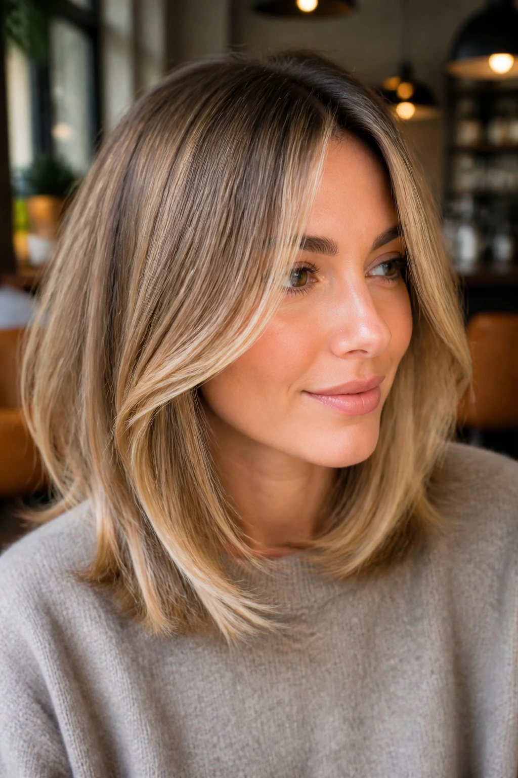 Close-up of a real person with rounded french midi and cream babylights in warm indoor light