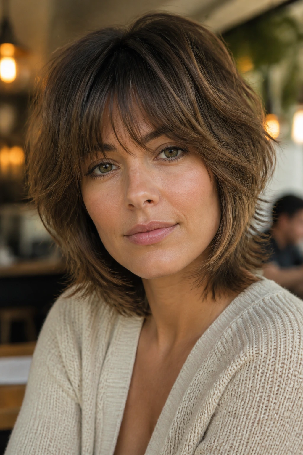 Portrait of a real person with rounded French shag and feathered fringe
