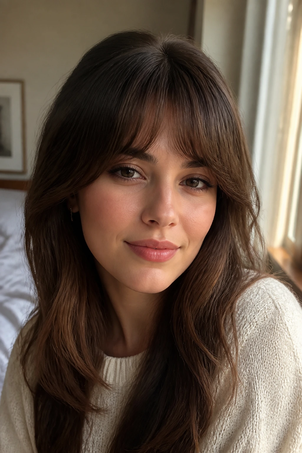 Portrait of a real person with rounded fringe arch around the brow in natural light.