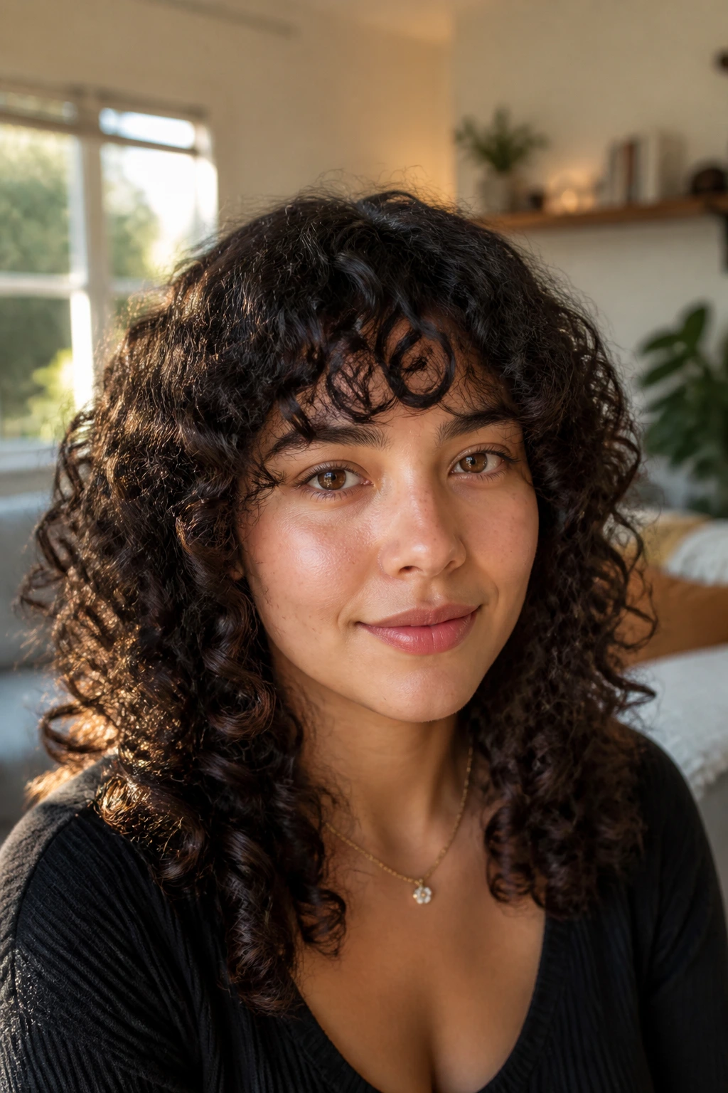 Close-up of a real person with rounded full fringe along the brow arc.