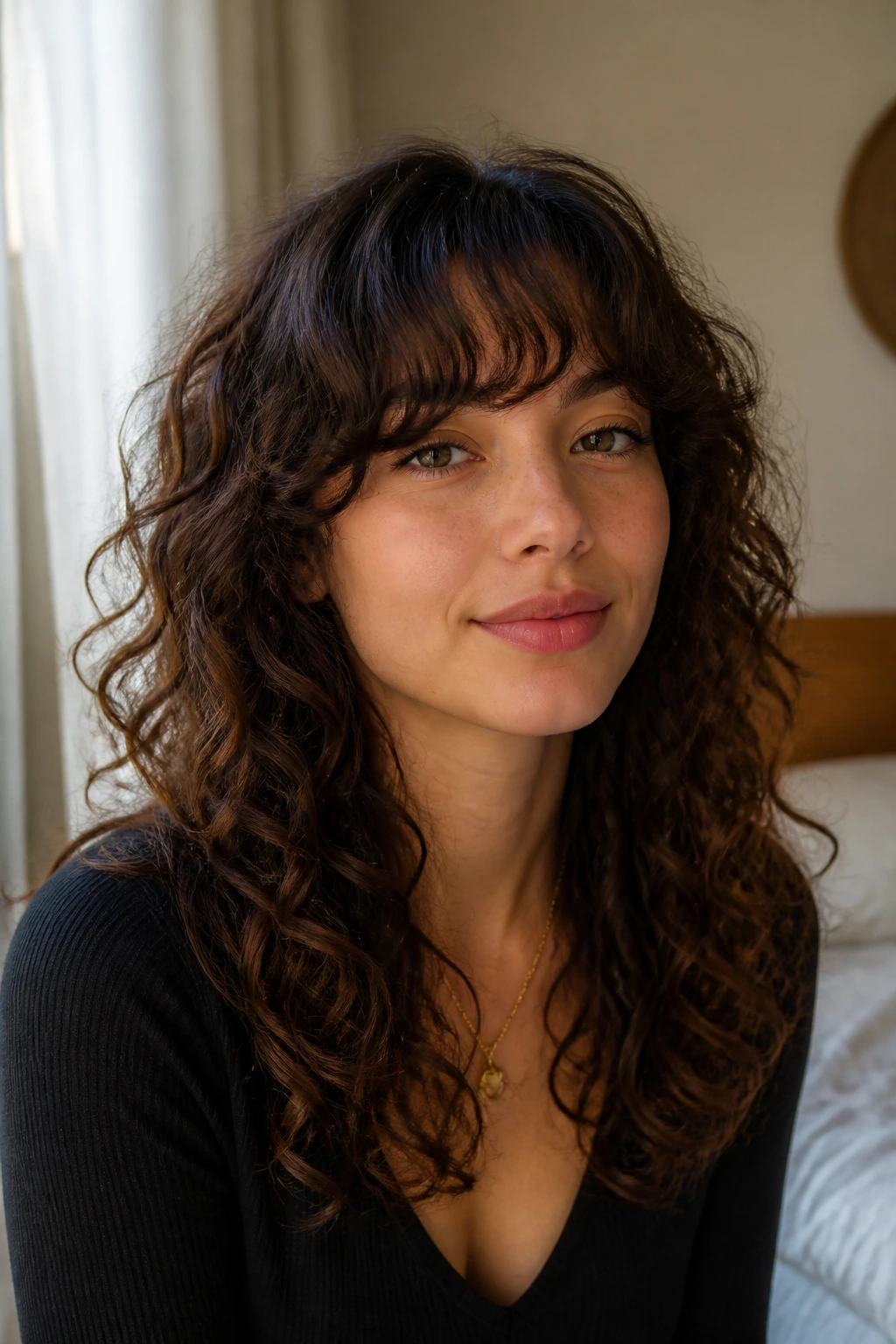Close-up of a real woman with rounded fringe following the brow line.