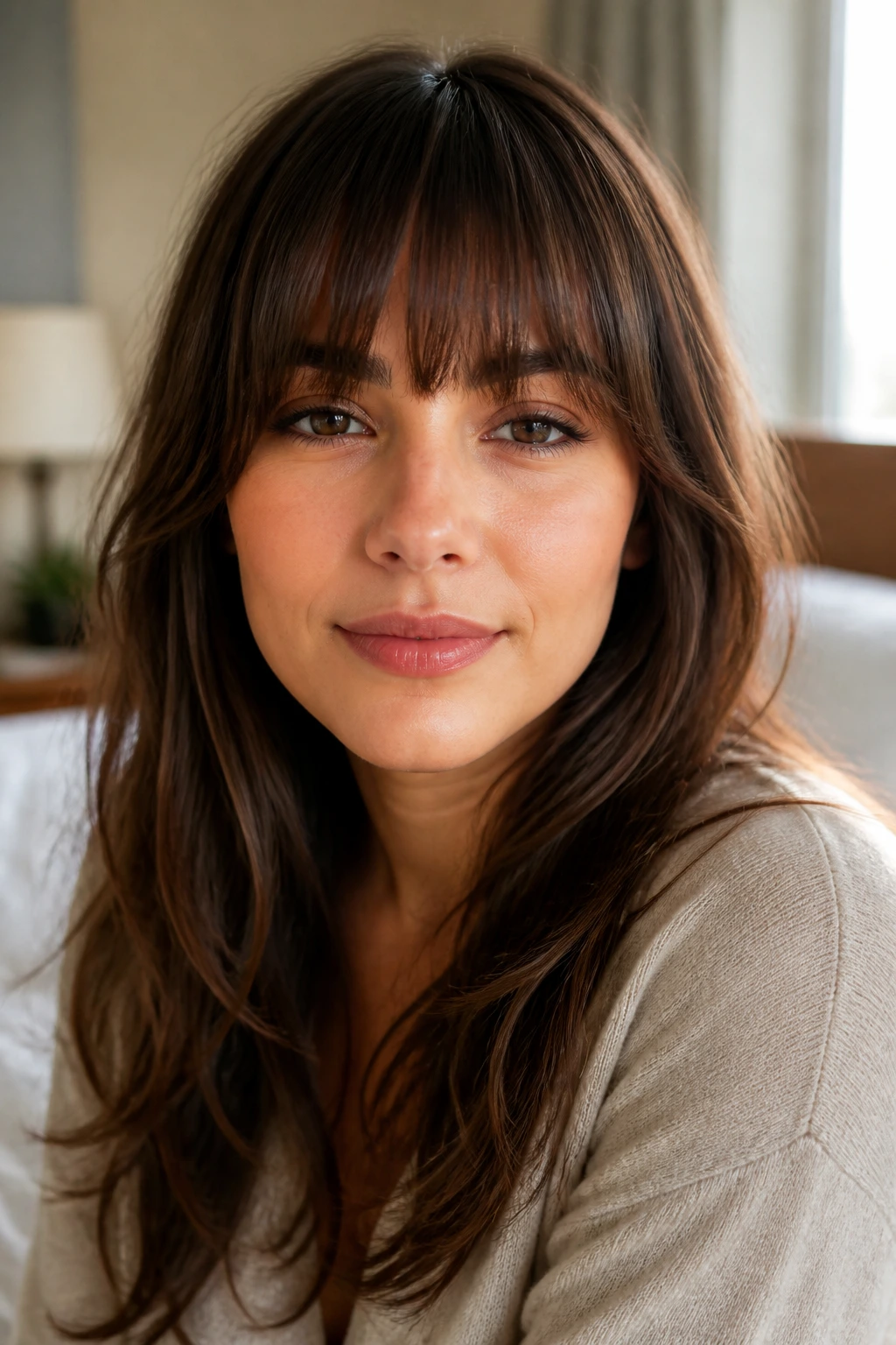 Real woman with rounded fringe skimming the brows.