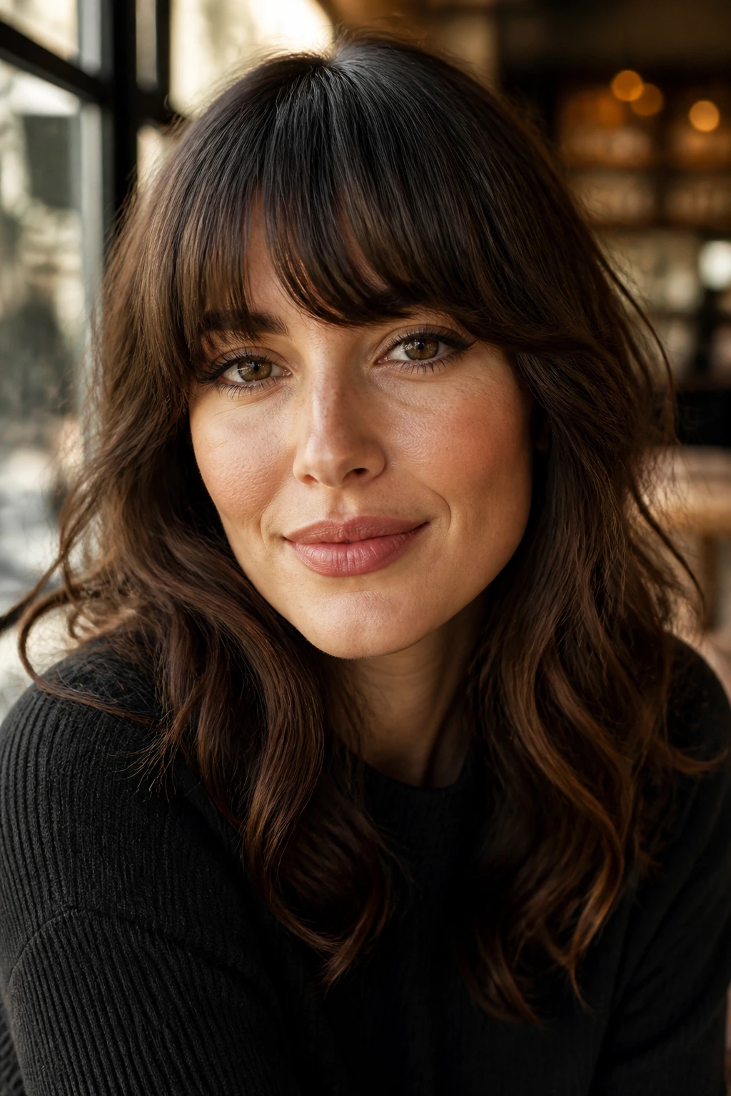 Brunette with rounded fringe in warm daylight cafe setting
