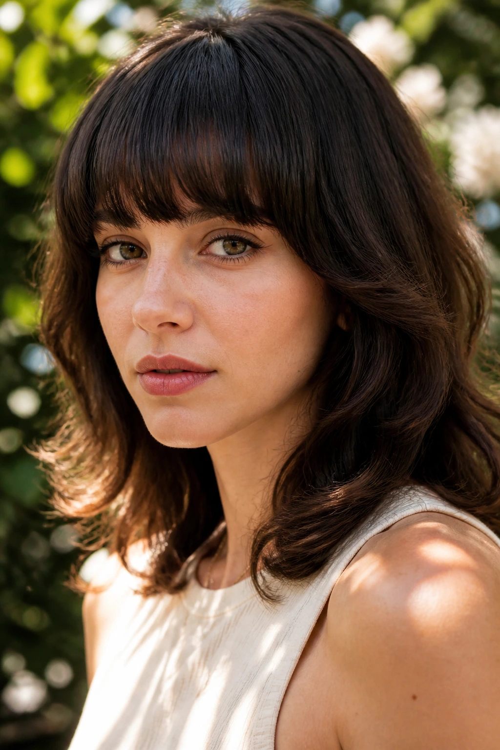 Portrait of a woman with rounded fringe and cheekbone layers