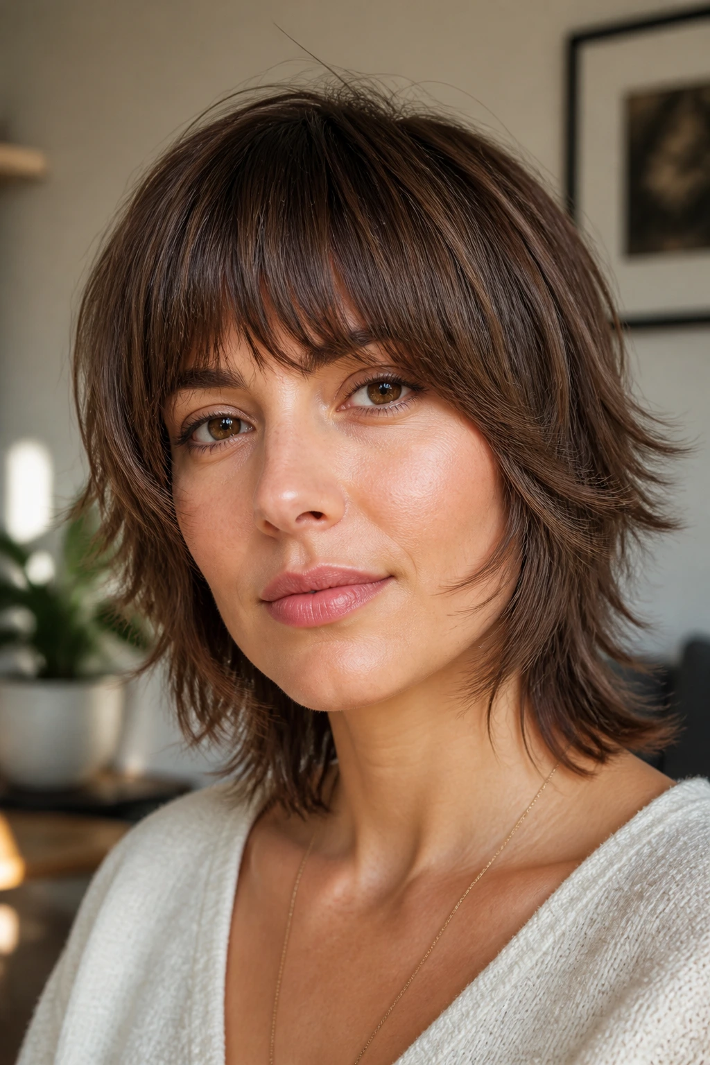 Close-up portrait of a real woman with rounded fringe and soft cheekbone wings