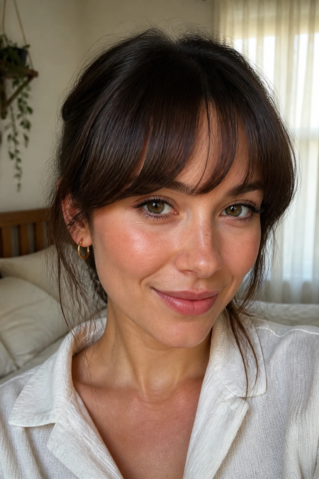 Close-up of a real woman with rounded soft fringe framing her face in natural window light
