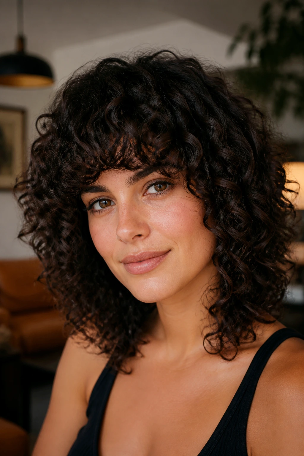 Real woman's portrait with rounded full fringe on thick curls.
