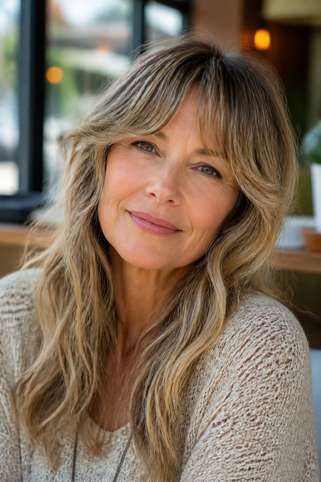 Real woman with rounded fringe and face-framing sides in natural daylight
