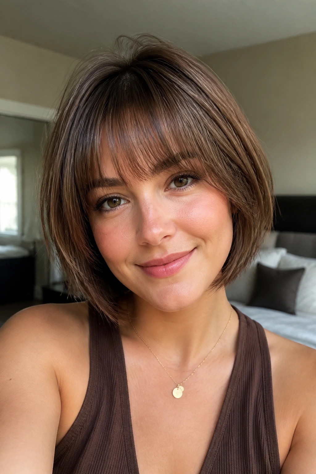 Close-up of a real person with rounded fringe softened by internal layers in soft daylight
