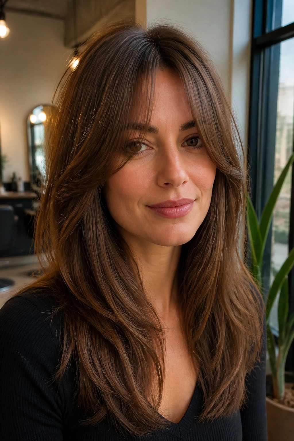 Close-up of a real woman with rounded long fringe bending inward toward her face