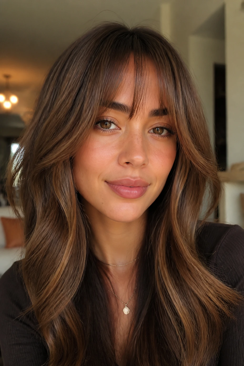 Close-up of a real woman with rounded fringe and mocha money pieces framing the face