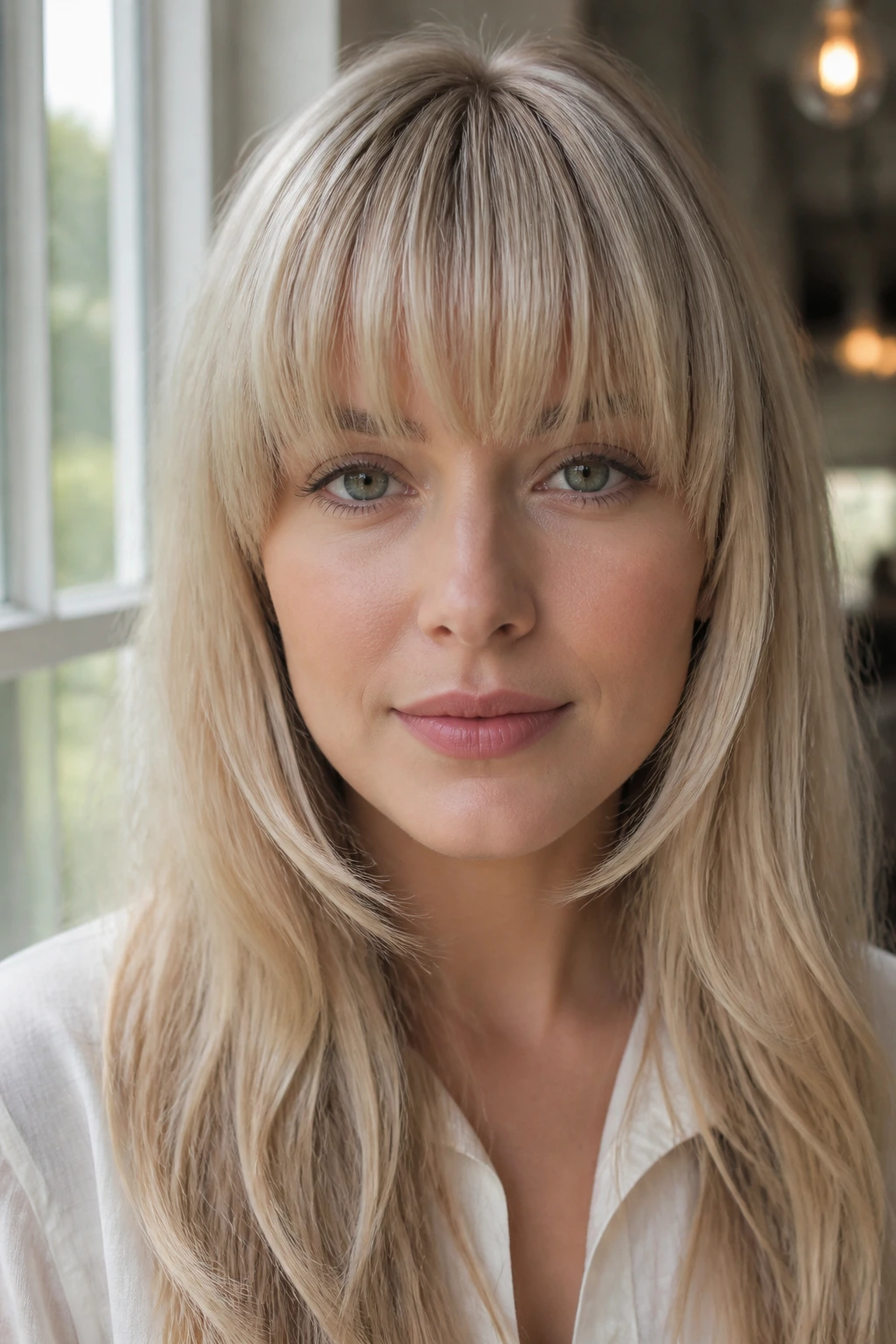 Close-up of a real woman with rounded full fringe in pearl blonde by a window