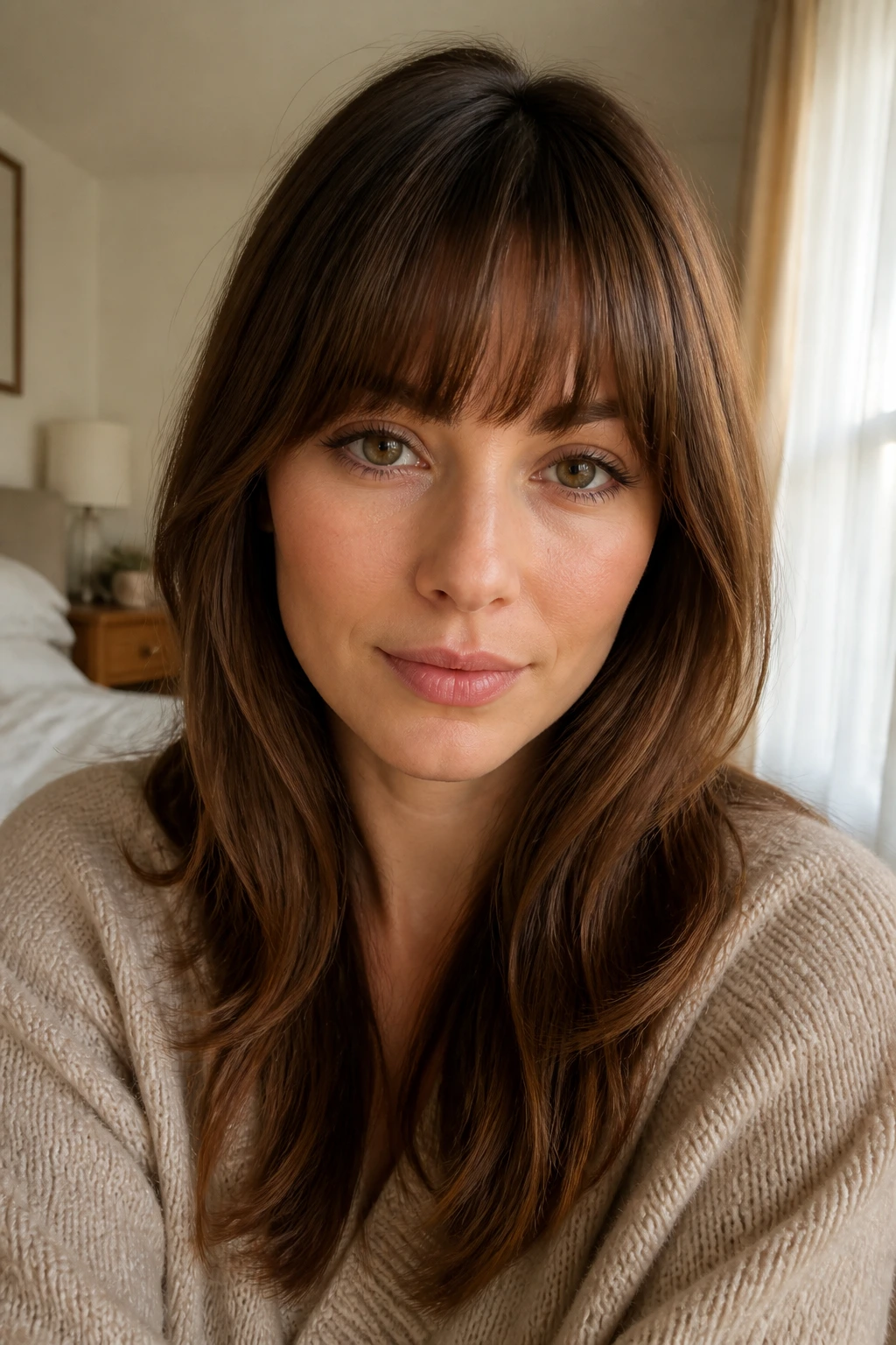 Close-up of a real woman with a curved rounded fringe