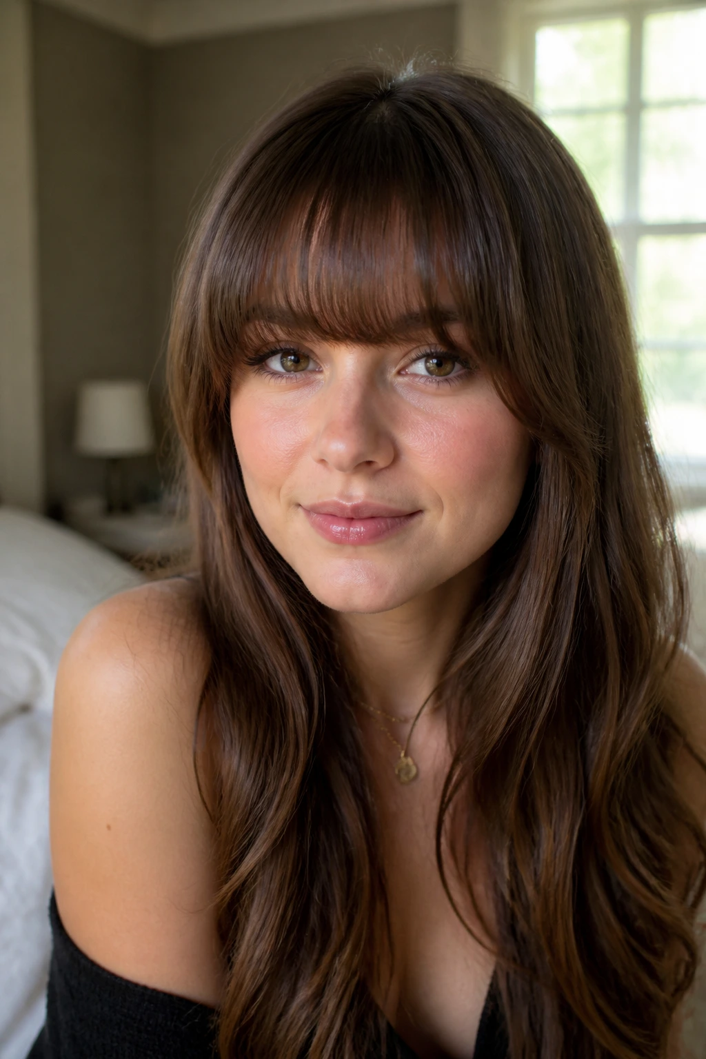 Close-up of a rounded fringe with soft corners on a real person in warm window light