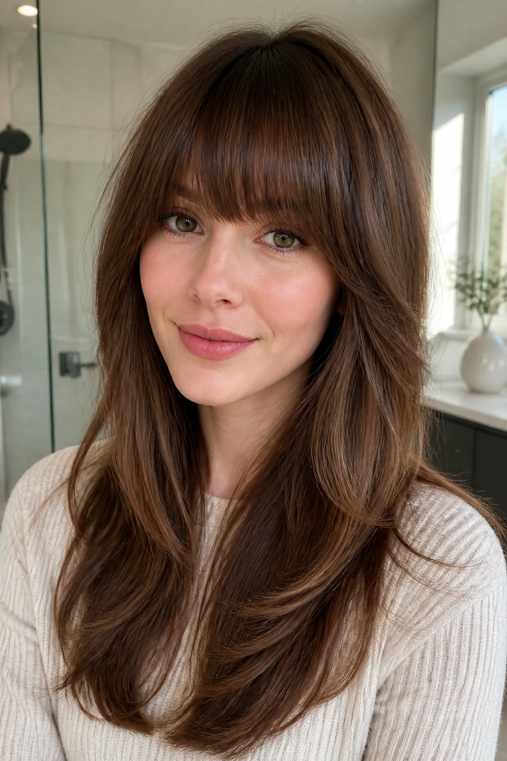 Close-up portrait of a real woman with rounded full fringe and soft length hair in natural light