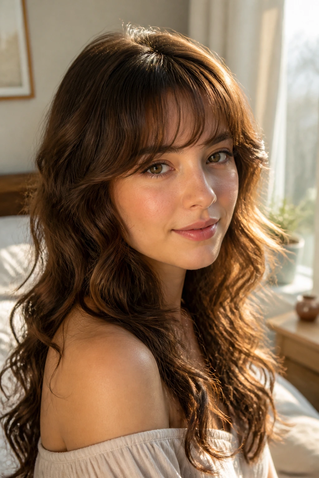 Close-up of a real woman with a curved, tapered fringe and loose curls
