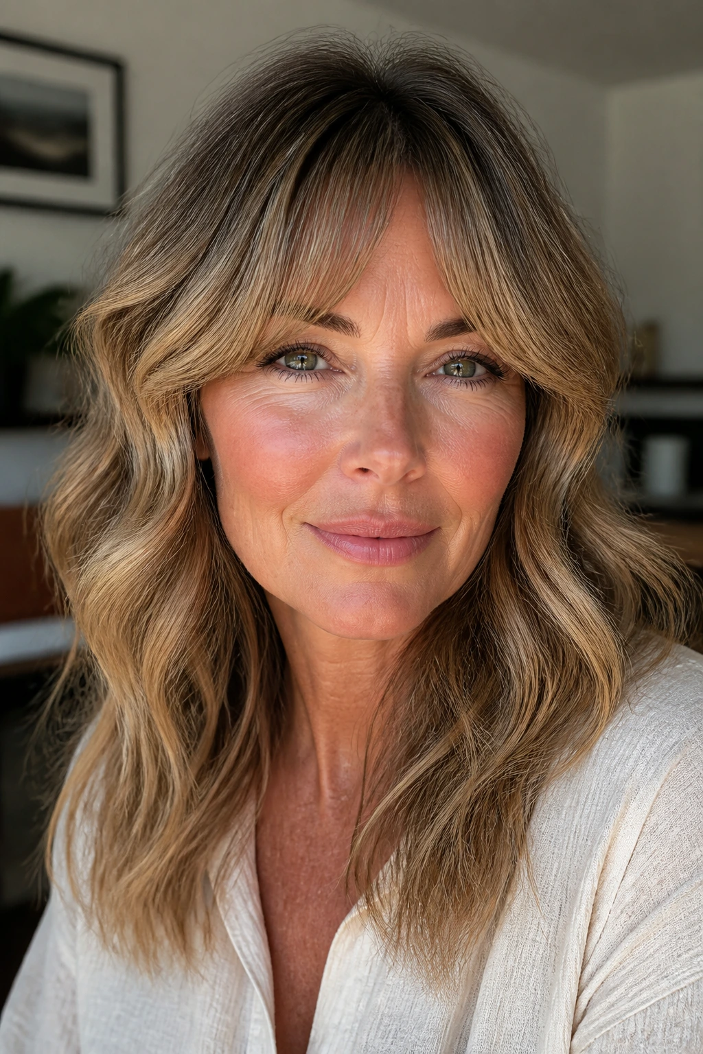 Close-up of a real woman with rounded fringe opening toward the temples and soft waves