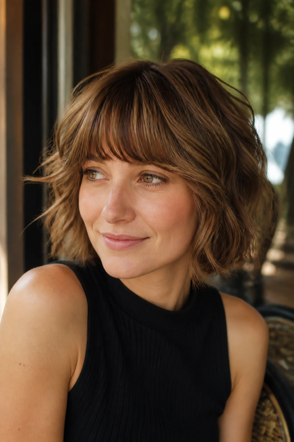 Close-up of a real woman with rounded fringe and tousled layered hair