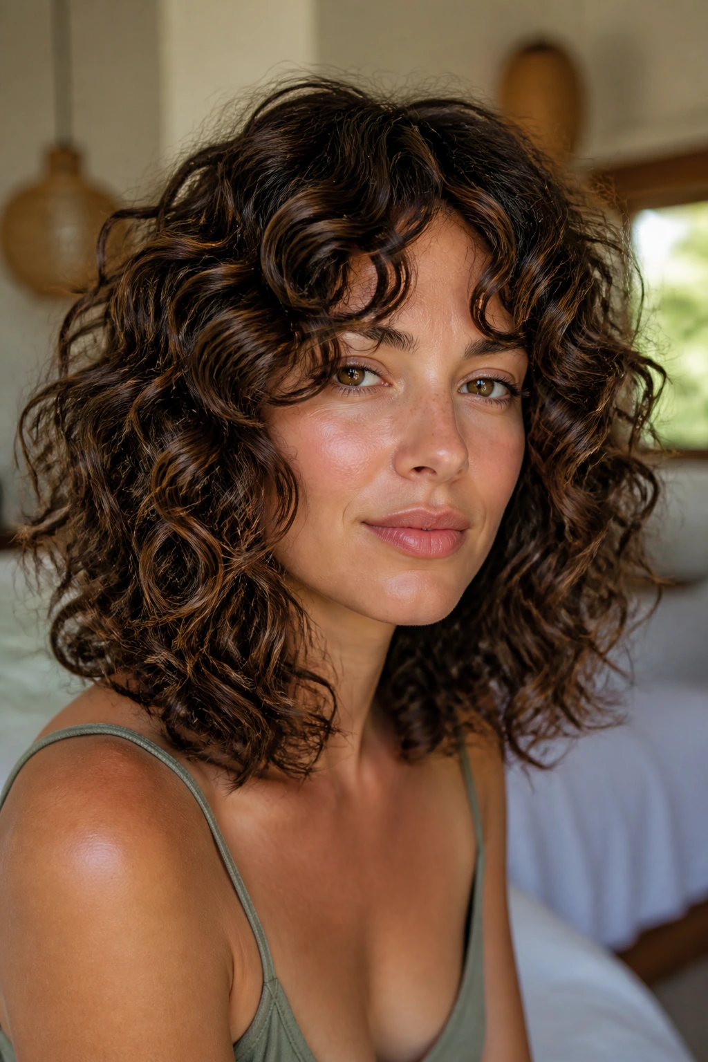 Close-up portrait of a real woman showing a rounded front angle with dense waves framing the face.