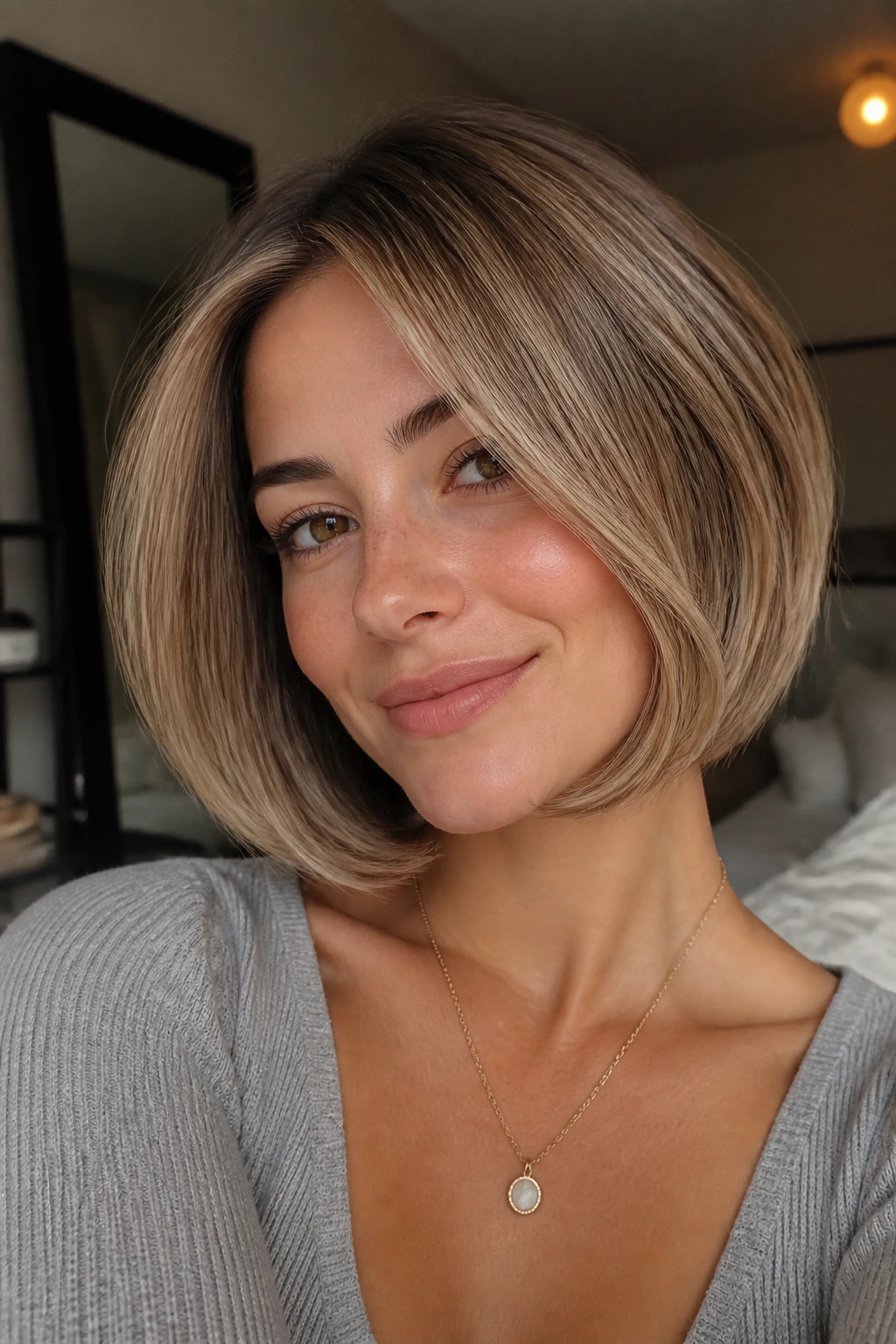 Woman with rounded-front bob hugging the jaw in warm light