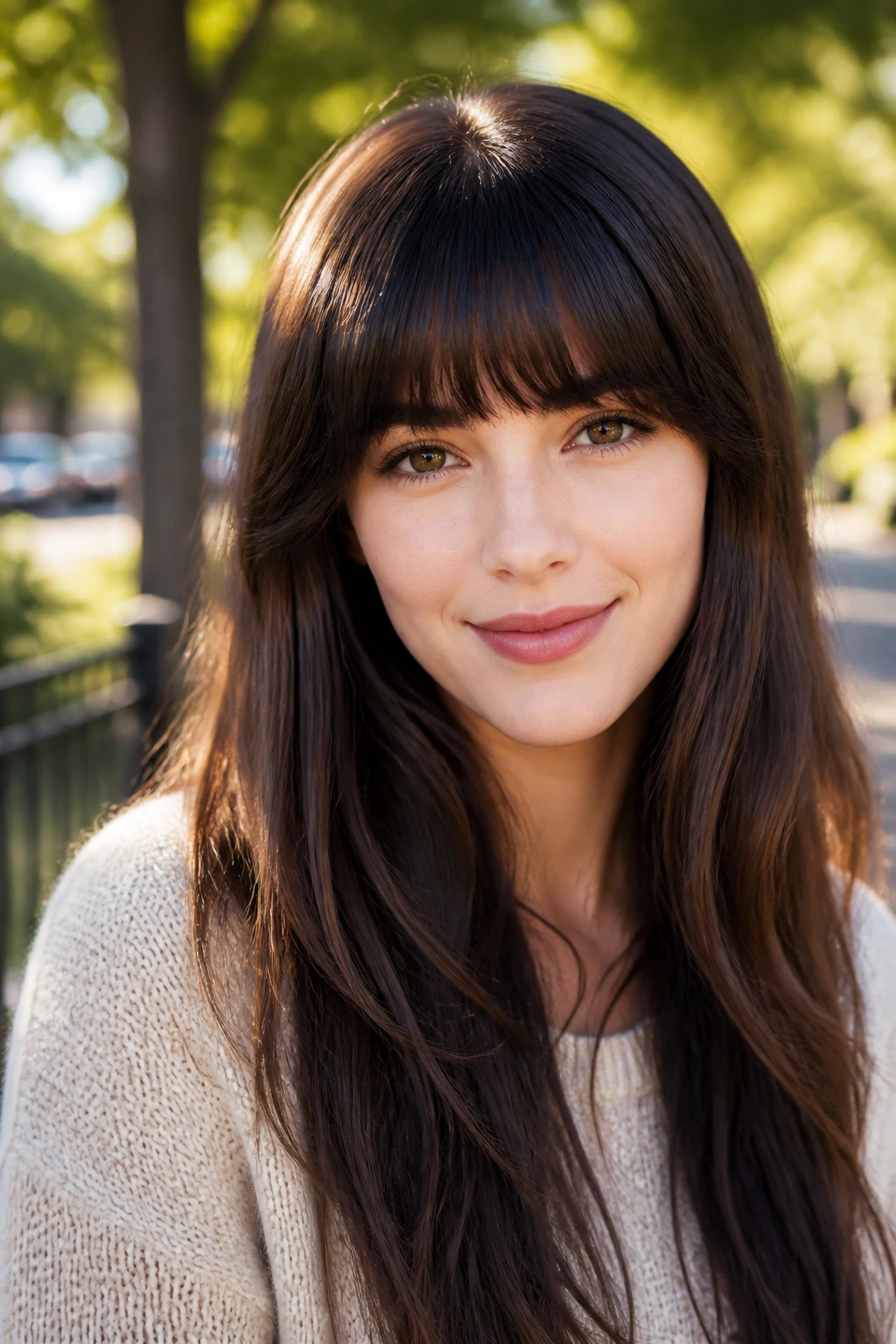 Real woman with rounded fringe arc across the brows in a park at golden hour